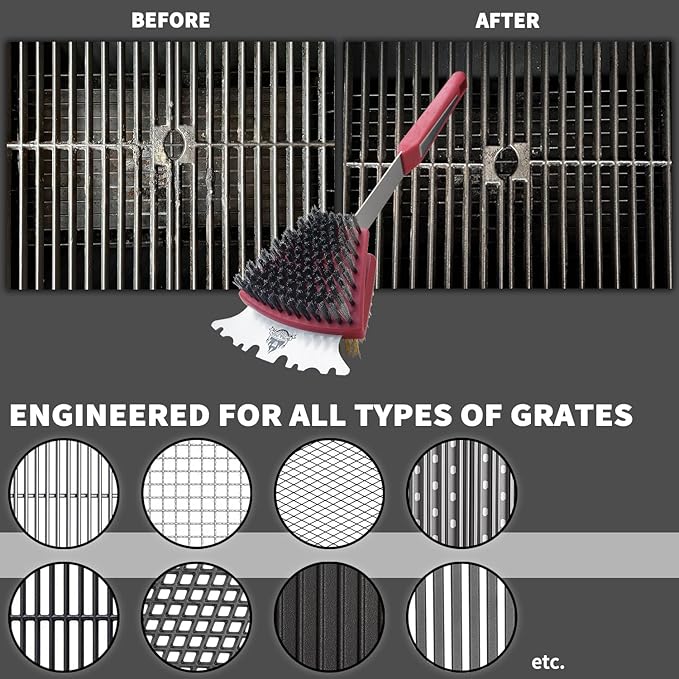 GRILLGEN Dual Sided Grill Brush and Scraper - 16.5" Heavy Duty 117-Hole Planted BBQ Cleaner with Brass & Stainless Steel Bristles - Safe for All Grates: Porcelain, Cast Iron and Steel