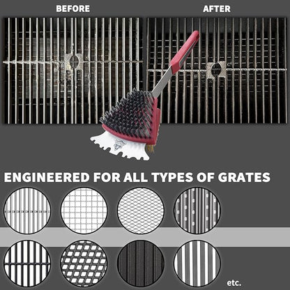 GRILLGEN Dual Sided Grill Brush and Scraper - 16.5" Heavy Duty 117-Hole Planted BBQ Cleaner with Brass & Stainless Steel Bristles - Safe for All Grates: Porcelain, Cast Iron and Steel