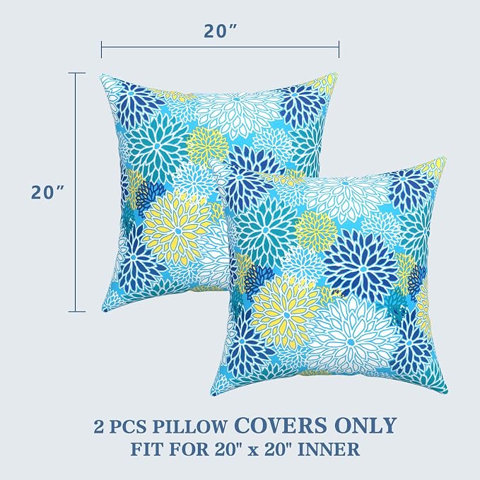 LVTXIII Outdoor Pillow Covers 20x20 Inch, 2 Pack Large Square Throw Pillow Cases, Fade-Resistant Cushion Covers for Patio Furniture Sofa, Garden Porch, Dahlia Blue