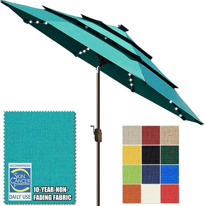 EliteShade USA 10-Year-Non-Fading 10ft 3-Tier Market Patio Umbrella, Commercial Table Umbrella with 80 Solar LED Lights, Crank Open, Windproof & UPF 50+ UV Protection for Garden, Deck, Pool, Backyard, Teal