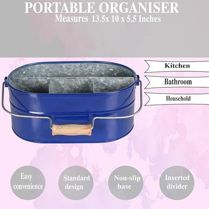 Alpha Living Home 4 -Section Galvanized Utensil Silverware Caddy - Farmhouse Organizer with 4 Compartments and Wooden Handle - Versatile Storage for Kitchen, Outdoor & Party Essentials (Blue)