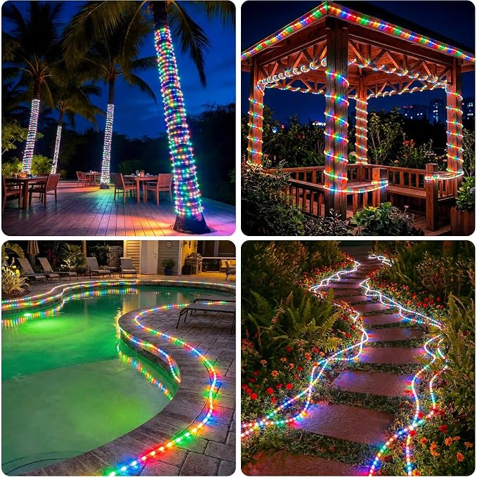 Solar Rope Lights, 2Pack 20FT 60 LED Solar Fairy Lights with 8 Lighting Modes, IP65 Waterproof Trampoline Light Outdoor for Yard Patio Fence Tree Party Holiday Decoration, Multicolored