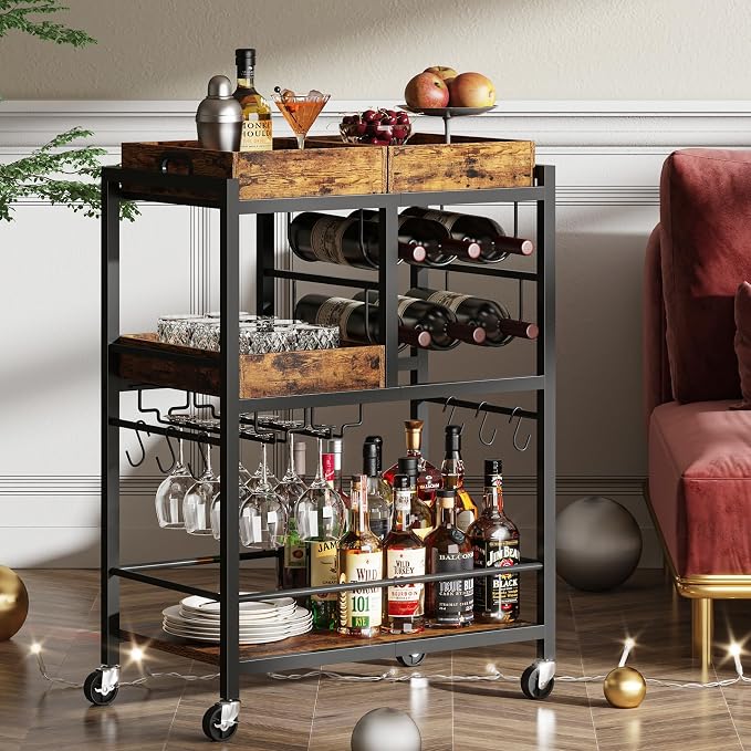 TUTOTAK Bar Cart with Wheels, Drink Cart with Wine Rack and Glass Holder | 3-Tier 24.8 Inch Wide Home Bar Serving Carts, Small Mobile Kitchen Shelf with 6 Hooks, Rustic Brown BC01BB037