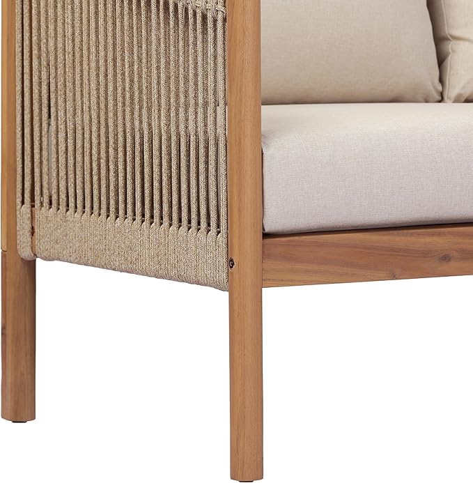 Christopher Knight Home Bubi Acacia Wood Outdoor 3 Seater Sofa with Cusion, Solid Wood Patio Sofa with Woven Rope Accents, Comfy Lounge Sofa for Patio Furniture Set, Teak+Beige