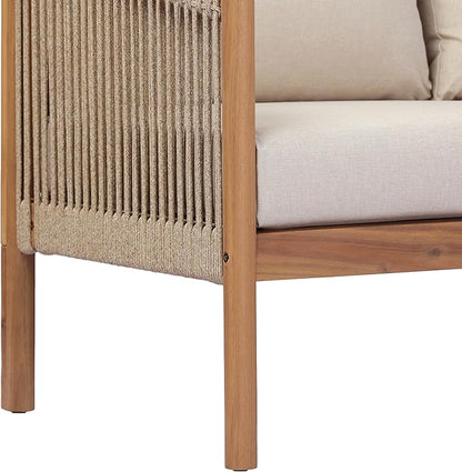 Christopher Knight Home Bubi Acacia Wood Outdoor 3 Seater Sofa with Cusion, Solid Wood Patio Sofa with Woven Rope Accents, Comfy Lounge Sofa for Patio Furniture Set, Teak+Beige