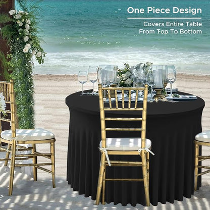 Fitted Black Spandex Table Skirts for Wedding Party,60 Inch Round,4 Pack | Spandex Table Covers, For 5 Ft Wedding Cake Tables, Wrinkle Resistant, Ruffle Design Banquets, Baby Showers, Parties