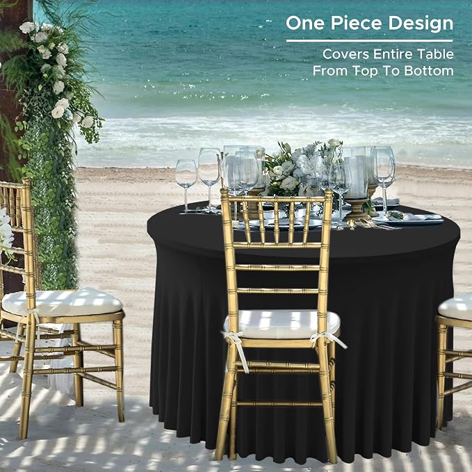 6 Pack Black Spandex Table Skirts for 60 Inch Round Tables, Wedding Party | Floor Length Spandex Table Covers For 5 Ft Wedding Cake Tables, Ruffle Desig, Wrinkle Resistant,Banquets, Baby Showers