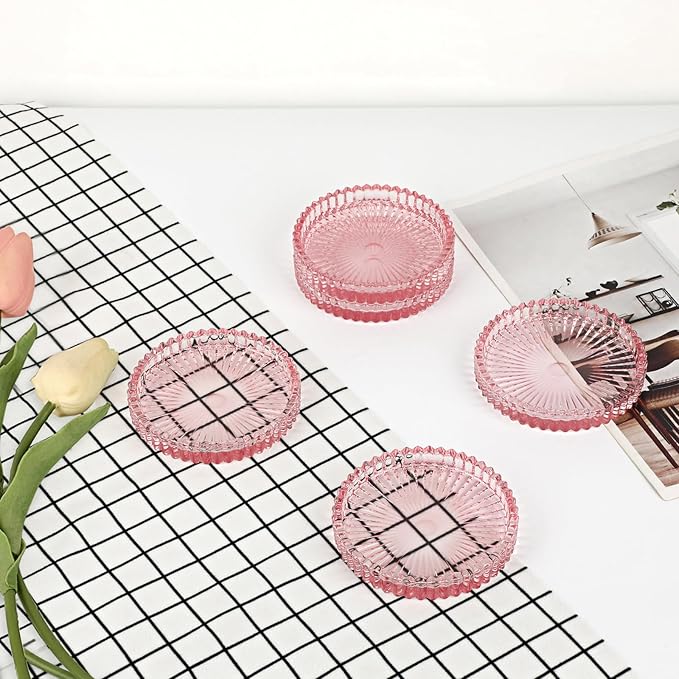 Modern Clear Glass Coaster Set of 8- Coffee Table Coasters, Crystal Coaster Round Cup Mats, Coasters for Office, Kitchen, Bar, Dining Room, Living Room, Patio(Clear Pink)