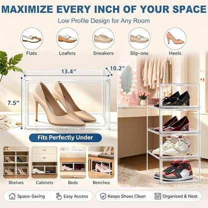 12 Pack Low Profile Clear Shoe Storage Box for Flats,Loafers,Heels | Space-saving 7.6-inch height fits under shelves &cabinets.Ideal for flats,loafers,slip-ons&compact living.1 Pack Fit Size 12