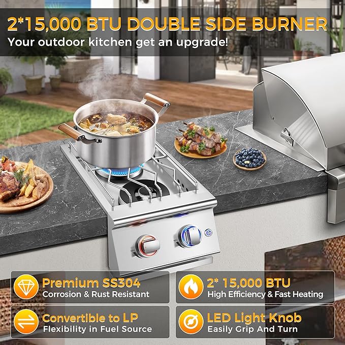 Grilling Side Burners for Outdoor Kitchen, 2 * 15,000BTU Nature Gas Side Burner,Convertible to Liquid Propane, Duty Heavy 304 Stainless Steel, Built-in Double Burner for BBQ Island Grill