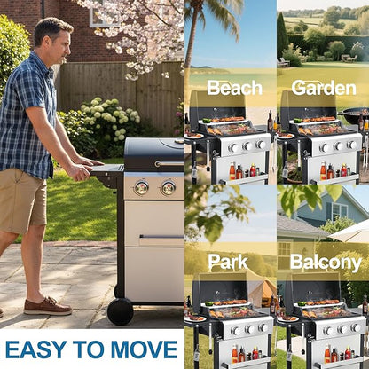 3 Burner Propane Gas Grill, Small Stainless Steel Portable BBQ Grill with Folding Side Table, Compact Gas Grill for Patio Balcony Camping, Easy Assembly with Wheels & Warming Rack