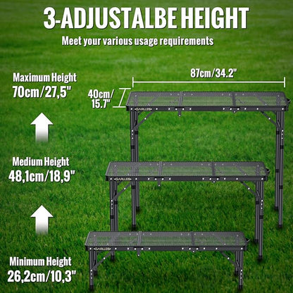 GARLLEN Folding Grill Table Max Capacity 66lbs, 3 Adjustable Height Portable Folding Camping Table with Heat-Resistant Mesh Tabletop, Aluminum Picnic Table for Outdoor, BBQ, Camping, 34.2"L x 15.7"W