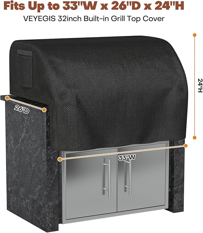32 inch Built-in Grill Cover, Waterproof Island BBQ Grill Top Cover for Loin, Blaze, Bull, Napoleon, Summerset, and More 25"-32" Built-in Grills, 600D Heavy Duty Polyester, 33"W x 26"D x 24"H