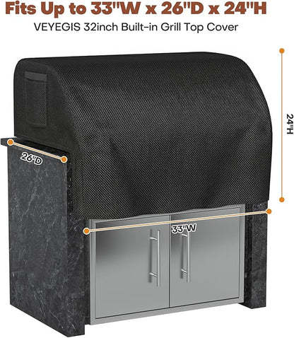 32 inch Built-in Grill Cover, Waterproof Island BBQ Grill Top Cover for Loin, Blaze, Bull, Napoleon, Summerset, and More 25"-32" Built-in Grills, 600D Heavy Duty Polyester, 33"W x 26"D x 24"H