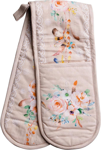 Maison d' Hermine Double Oven Mitts 100% Cotton 7"x35" Double Oven Mitt Heat Resistant BBQ Cooking Gloves with Loop Baking Grilling Kitchen Hotel Home Farmhouse Spring Summer (Ibiza - Beige)