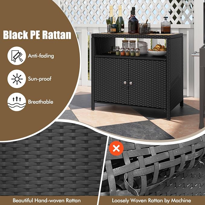 Wicker Outdoor Storage Cabinet, Rattan Patio Bar Table with Acacia Wood Countertop, Open Compartment & 2 Doors, Outdoor Buffet Cabinet Sideboard for Poolside, Garden, Backyard (Black)