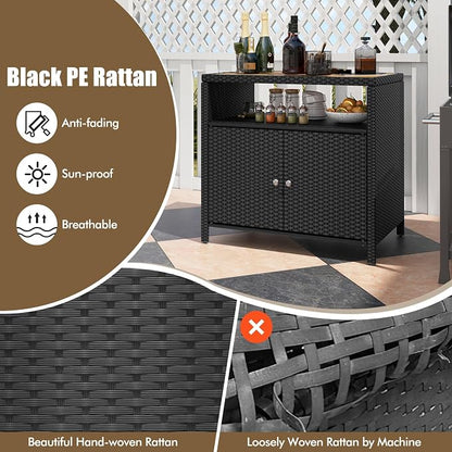 Wicker Outdoor Storage Cabinet, Rattan Patio Bar Table with Acacia Wood Countertop, Open Compartment & 2 Doors, Outdoor Buffet Cabinet Sideboard for Poolside, Garden, Backyard (Black)