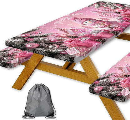 Pink Christmas Snowman Picnic Table Cover with Bench Covers and Bag, Winter Camping Tablecloth Waterproof Windproof Elastic Edges Fitted Rectangle Tables RV Gear Campers Must Have, 3 Pcs, 30x60 Inch