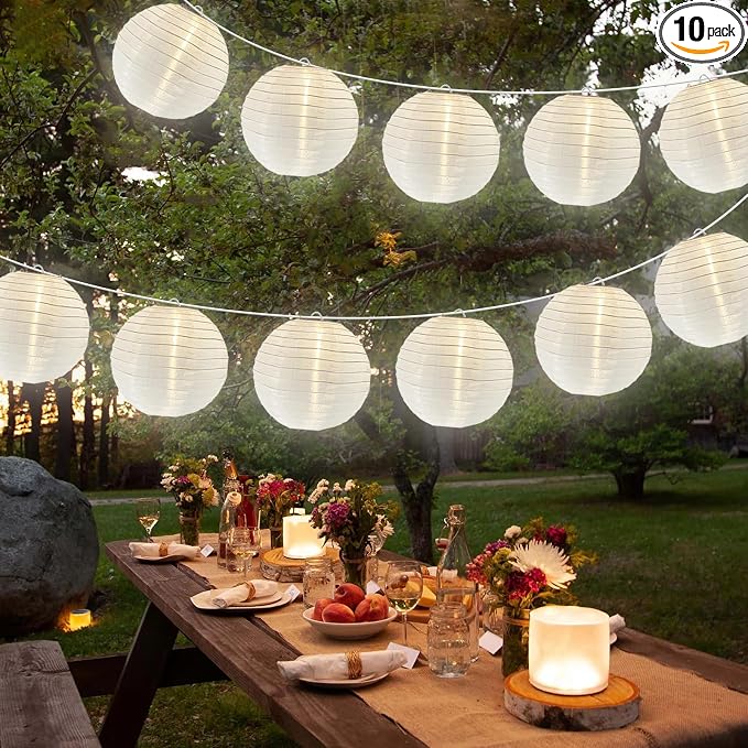 Lantern String Lights Outdoor, 27.5FT White Lantern String Lights Plug in with 10 Nylon Lanterns and G40 LED Bulbs, Hanging Light Strings Waterproof for Indoor Bedroom Outdoor Patio Wedding Party