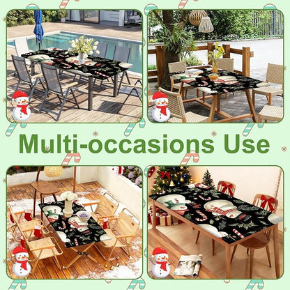 Christmas Picnic Table Cover with Table Cover, Elastic Tablecloth for Outdoor Picnic Table, Designed with Black Snowman and Candy Cane, Tablecloth for Camping, Barbecue and Holiday Parties