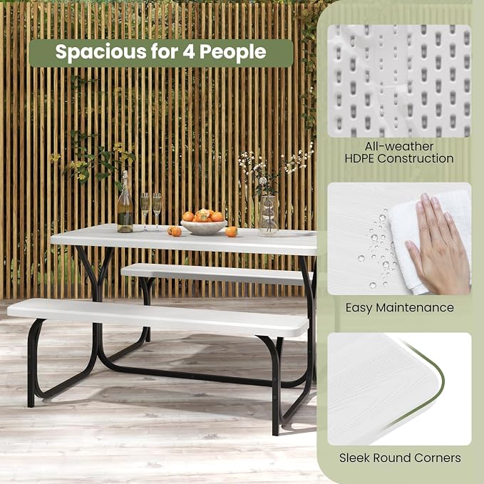 Picnic Table, Outdoor Dining Table with 2 Benches, Wood Grain Tabletop, Heavy Duty Metal Frame, Portable Picnic Table for Outdoors Backyard Garden Lawn Patio Poolside Deck (White)