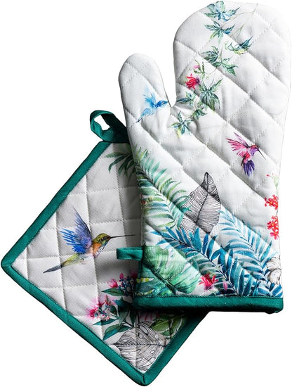 Maison d' Hermine 100% Cotton Oven Mitt & Pot Holder Set (7.5"x13" & 8"x8") Heat Resistant BBQ Cooking Gloves with Loop Baking Grilling Kitchen Hotel Home Farmhouse Spring Summer (Tropiques)