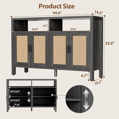 Rattan Buffet Cabinet with Storage, Sideboard with Doors, Console Table, Farmhouse Coffee Bar, Modern Wood Storage Cabinets(Brown Black 2.0)