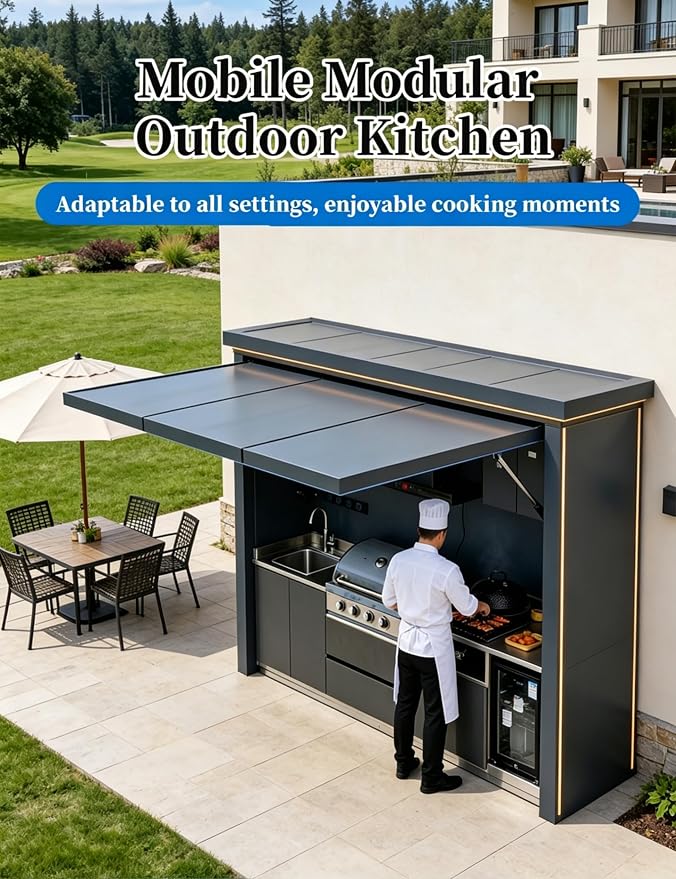 Modular Outdoor Kitchen Pod Prefab Kits with Roof, Sink, Grill Station, Storage Cabinet, Burners, Stainless Steel Patio Cooking Island for Backyard BBQ and Entertaining
