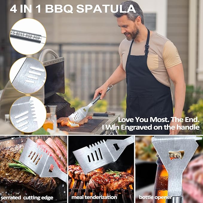 Pop Pop Gifts, Poppop Gifts from Grandkids Fathers Day Heavy Duty Grilling Accessories Kit for Backyard BBQ, Thick Stainless Steel Grill Utensils with Non-Slip Handle Tool Grilling Gift for Man