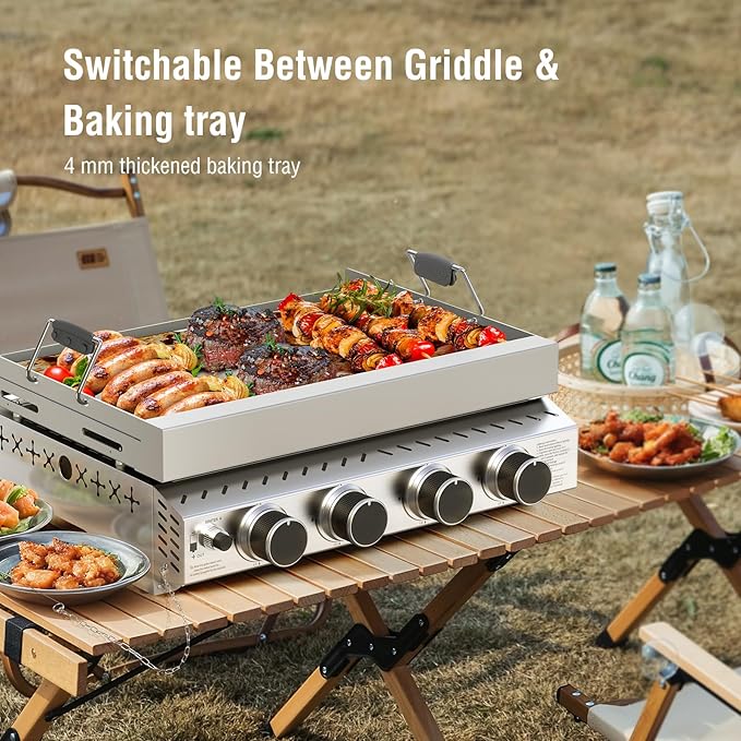 COWSAR Portable 4 Burners Stainless Steel BBQ Griddle, 32000 BTUS Propane Gas Grill with Uncoated and Non-stick Grids for Garden, Camping, Outdoor, Picnic