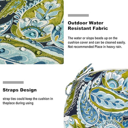 DYTXIII Set of 4 Outdoor Chair Cushions with Ties,Water Repellent Patio Chair Pads 17"x 16" for Outdoor Furniture,Round Corner Seat Cushions for Garden Yard Kitchen Paisley Lapis Green