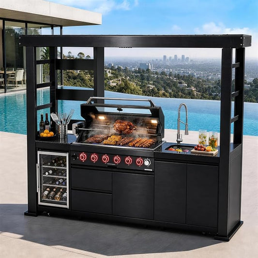 107.8" 6-Burner Modular Outdoor Kitchen Island, 85000 BTU Propane Gas Grill | Rear Infrared, Galvanized Steel Roof, Granite Countertop, Fridge, 360° Pull-Out Faucet,304 Sink, Rotisserie