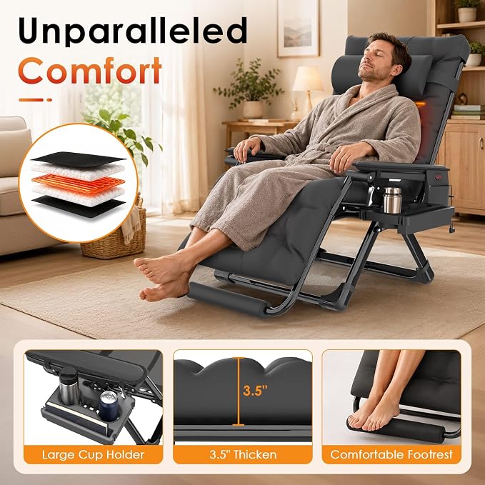 Slendor Heated Oversized Zero Gravity Chairs 33In, XXL Lounge Chair, Black | Anti Gravity Recliner with 3 Heat Levels for Back & Seat, Headrest & Cup Holder, Folding, Supports 500lbs, (Battery Not)