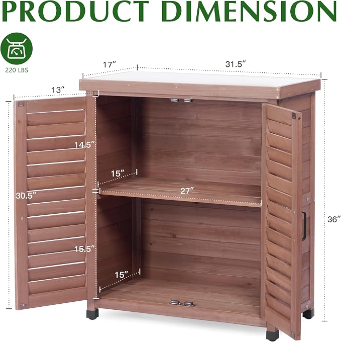 Outdoor Storage Cabinet & Potting Bench Table with Metal Top, Wooden Patio Furniture, Garden Workstation (Dark Brown, 36x31x17in)