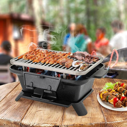 Moccha Cast Iron Hibachi Grill, Tabletop Charcoal Grill with Double-sided Grill Gate, Air Regulating Door, 2 Height, Grill Grate Lifter, Portable BBQ Grill Oven for Outdoor Camping, Picnic