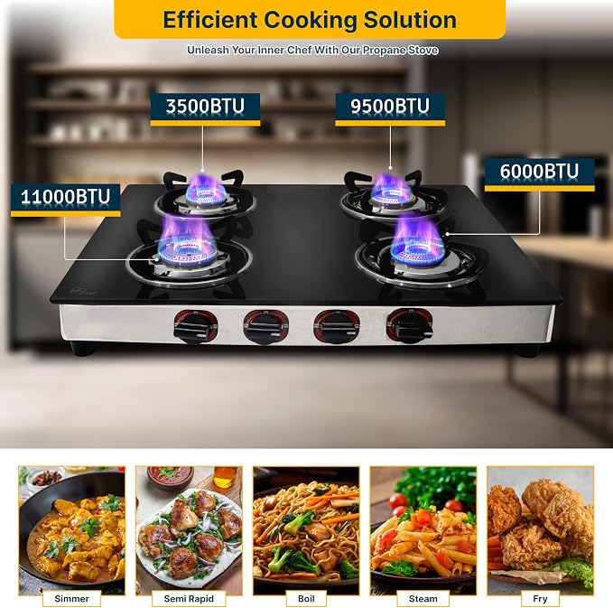 24 Inch Gas Cooktop, Tempered Glass Gas Stove with 4 Burner | Stainless Steel Lower Body Countertop Gas Stove for RV Propane Stove, Apartment & Outdoor Use with Hose Pipe & Regulator