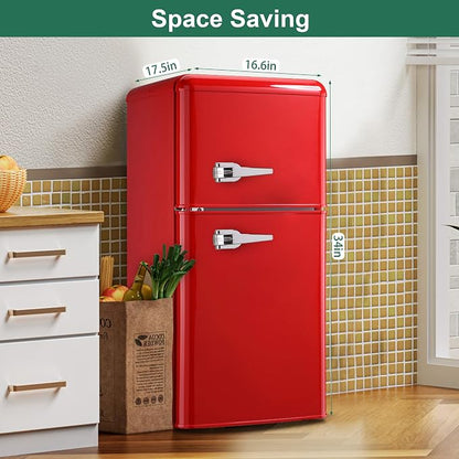 Retro Mini Fridge with Freezer 4.0 Cu. Ft, Small Refrigerator with 7 Level Adjustable Thermostat, Compact Classic Dual Door Fridge Removable Glass Shelves for Apartments, Dorm, Office, Red
