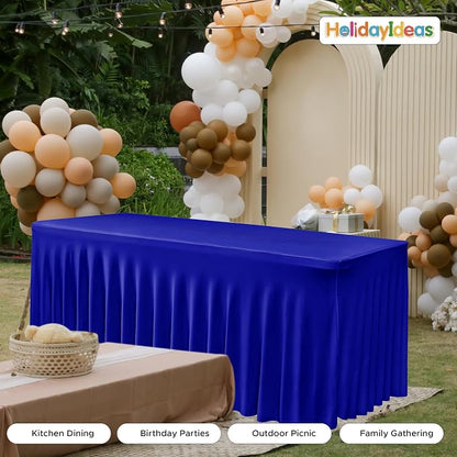 4 Pcs Royal Blue Spandex Table Covers 8ft Rectangle Ruffle Skirts for Party | Elastic Table Covers 8 Foot, Pleated Fitted Table Cloths, Wrinkle Resistant Elegant Table Skirts Wedding, Banquets