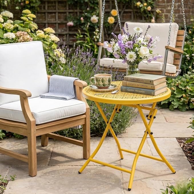 TeoKJ Folding Outdoor Side Table, Small Patio Table with Flower Cutouts | Metal Round Anti Rust Patio Desk, No Assembly Small Nightstand for Yard, Balcony, Lawn, Pool, Lightweight, Yellow