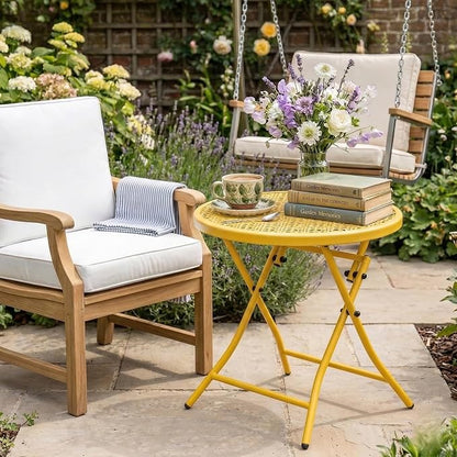 TeoKJ Folding Outdoor Side Table, Small Patio Table with Flower Cutouts | Metal Round Anti Rust Patio Desk, No Assembly Small Nightstand for Yard, Balcony, Lawn, Pool, Lightweight, Yellow