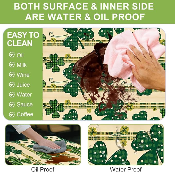 ANNA QUEEN St. Patrick’s Day Clover 6FT Picnic Table Cover with Bench Covers Set of 3 with Drawstring Bag, Green Clover 72"x30" Waterproof Picnic Tablecloth & Bench Covers for Outdoor Dining