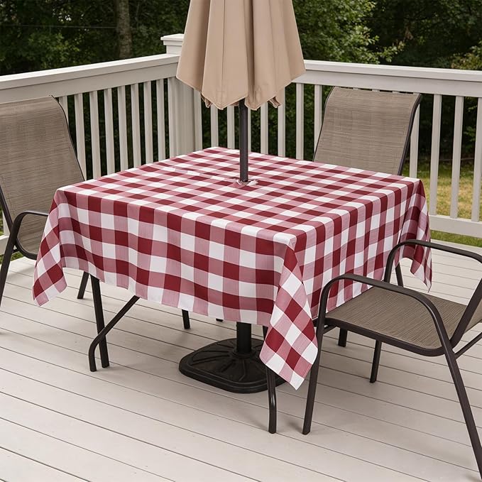Poise3EHome Square Outdoor Tablecloth with Umbrella Hole and Zipper,Burgundy Checkered 60x60 Inch,SpillProof Washable Table Cloth for Spring Summer Patio Garden Poolside Picnic Camping BBQS