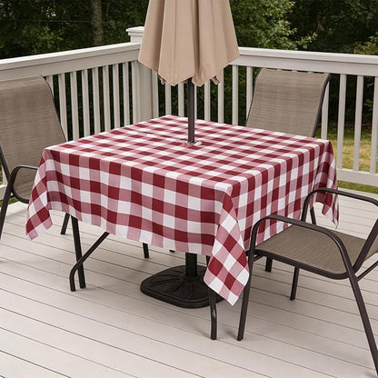 Poise3EHome Square Outdoor Tablecloth with Umbrella Hole and Zipper,Burgundy Checkered 60x60 Inch,SpillProof Washable Table Cloth for Spring Summer Patio Garden Poolside Picnic Camping BBQS