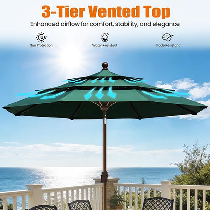 EliteShade USA 10-Year-Non-Fading 10ft 3-Tier Market Patio Umbrella, Commercial Grade Outdoor Table Umbrella with Crank Open, Windproof & UPF 50+ UV Protection, Heavy Duty Ventilation for Garden, Deck, Pool, Backyard, Beach & Bistro, Forest Green