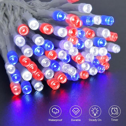 cshare Red White and Blue Lights Battery Operated, 4th of July Lights with Timer Outdoor Waterproof 9.8ft 30 LED for 4th of July Independence Day Decorations Garland Party Garden 2 Packs