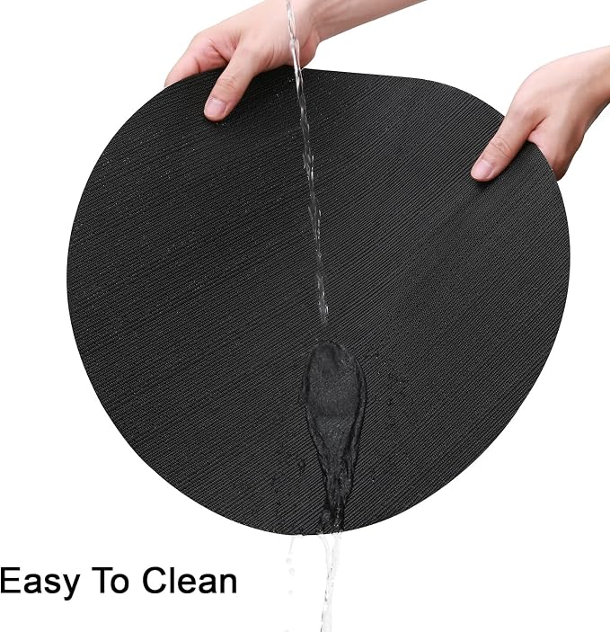 15 Inch Round Placemats Set of 6, Washable Vinyl Woven Place Mats | Heat Resistant Non-Slip Braided Table Mats for Dining Table Kitchen Indoor & Outdoor Use (Black, Set of 6)