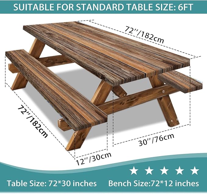 Farmhouse Picnic Table Cover with Bench Covers Camping Essentials Brown Wood Grain Waterproof Windproof Camping Tablecloth Fitted Tablecloth Cover with Elastic Edge for Indoor Outdoor 3 PCS 30x72 Inch