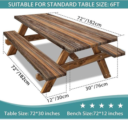 Farmhouse Picnic Table Cover with Bench Covers Camping Essentials Brown Wood Grain Waterproof Windproof Camping Tablecloth Fitted Tablecloth Cover with Elastic Edge for Indoor Outdoor 3 PCS 30x72 Inch