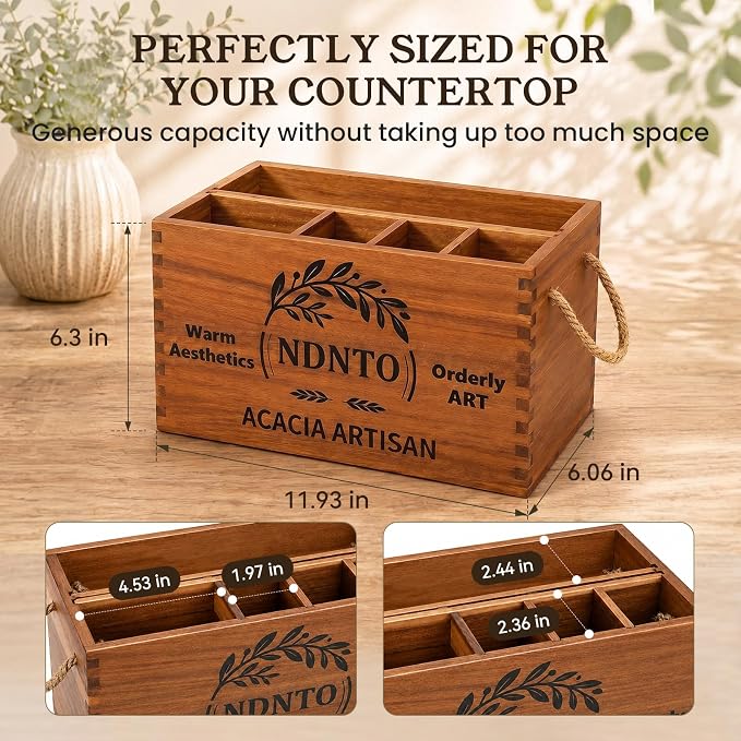 Large Farmhouse Acacia Wood Kitchen Utensil Holder with Knife Block | Kitchen Utensil Holder for Countertop with Cutting Board Storage & Rope Handles for Kitchen Counter, Island & Dining Room