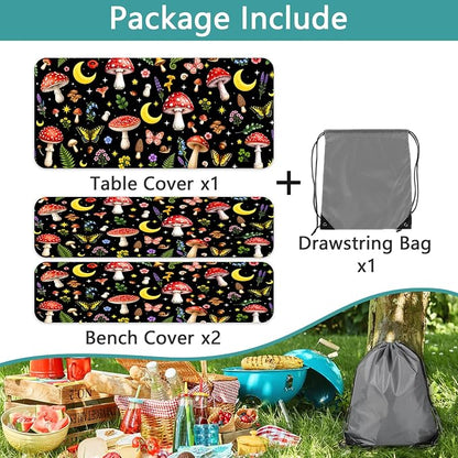 Picnic Table Cover with Bench Covers,Camping Essentials, Mushroom Floral Butterfly Waterproof Windproof Fitted Outdoor Tablecloth with Elastic Edge Rectangle Table for Indoor Outdoor, 3PCS, 30x72 Inch